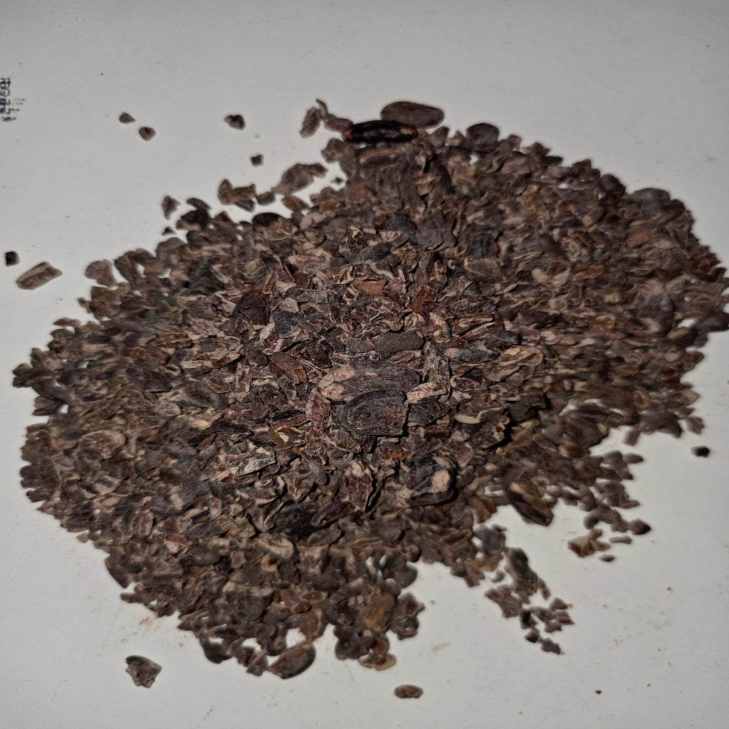 Close-up of single-origin Ghana cocoa nibs