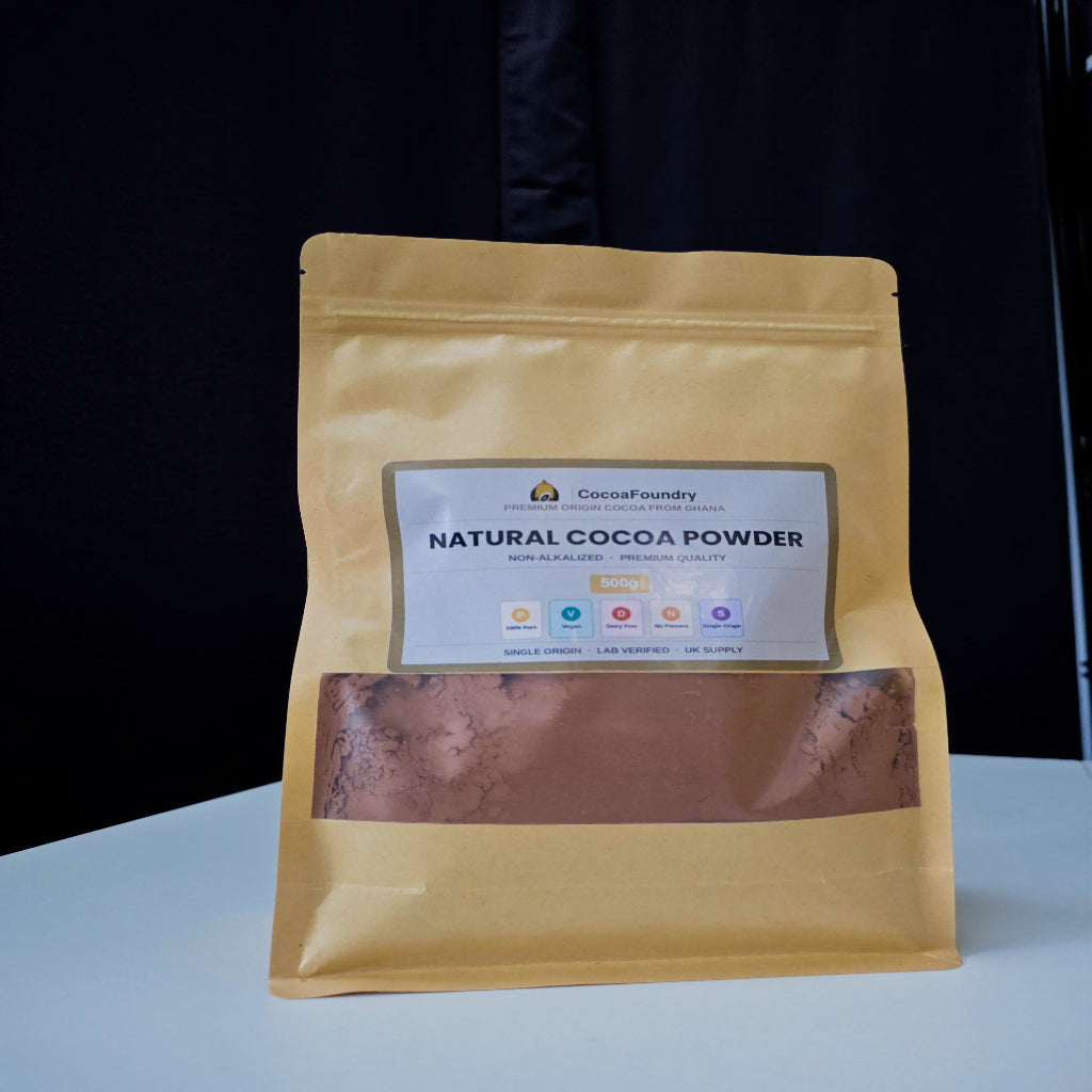 500g retail pack of natural single-origin Ghana cocoa powder