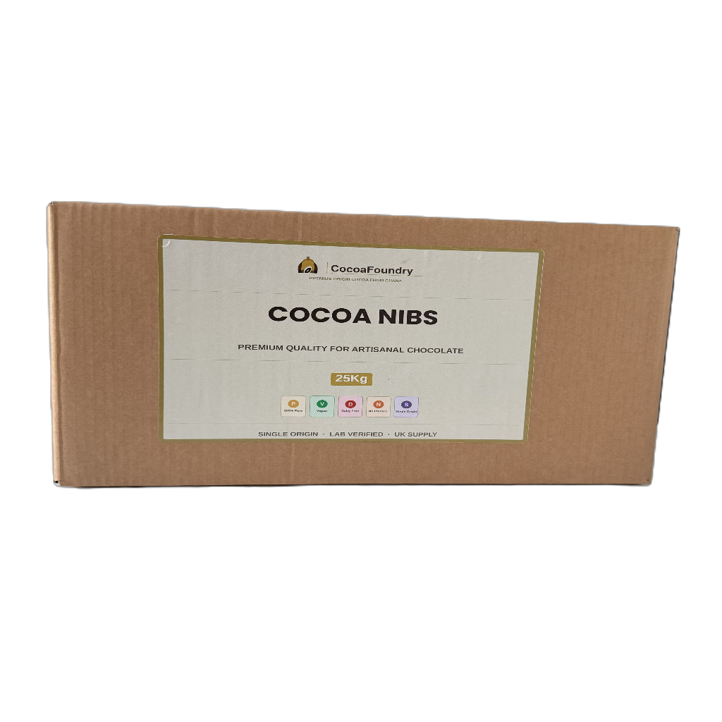 25kg bulk box of single-origin Ghana cocoa nibs