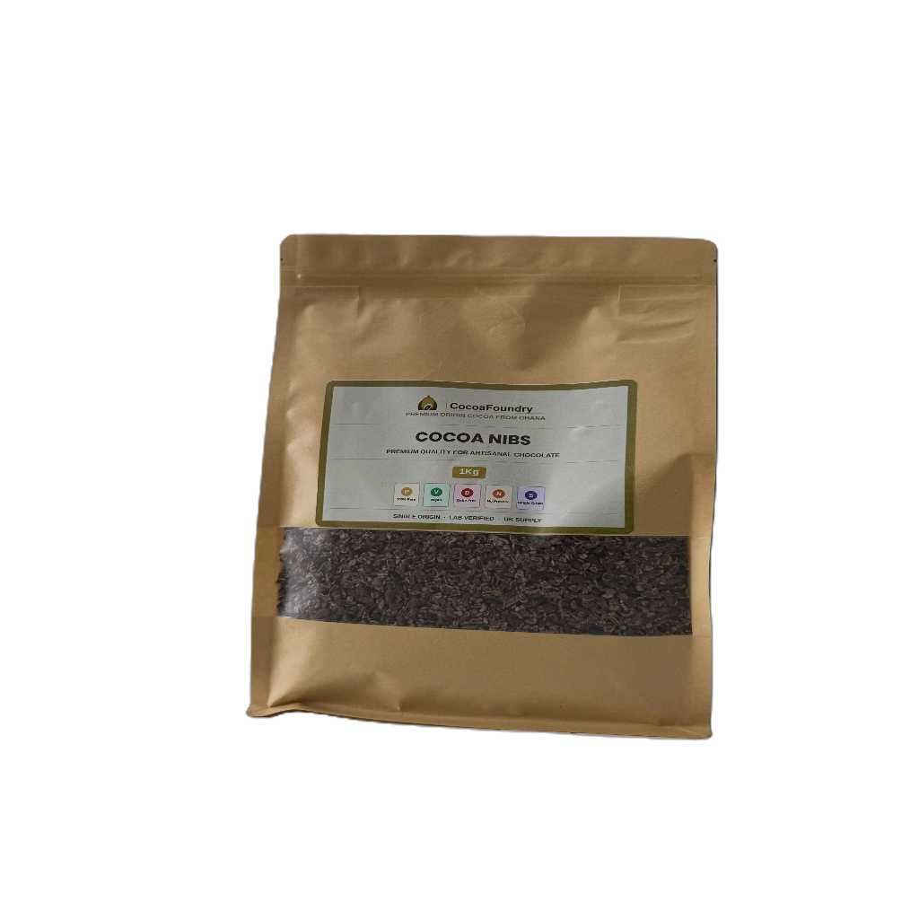 Resealable retail pouch of CocoaFoundry single-origin Ghana cocoa nibs
