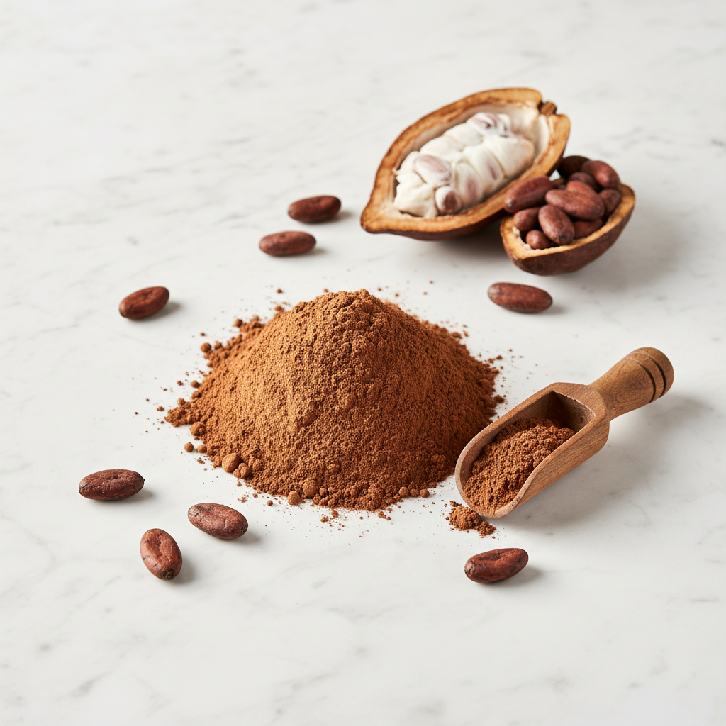 Natural non-alkalized cocoa powder from Ghana with cacao beans and pod on white marble surface